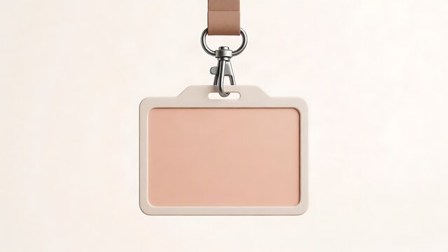 Blank landscape orientation identity badge holder with lanyard neck strap and metal swivel clip on a neutral background for business office identification corporate employee security card mockup