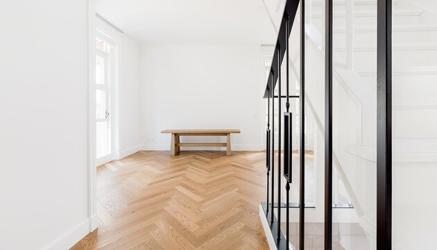 Modern minimalist interior with herringbone wood flooring and a simple wooden bench.