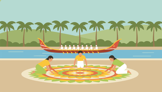 People working together to create a traditional floral carpet pookalam design with a snake boat on water.