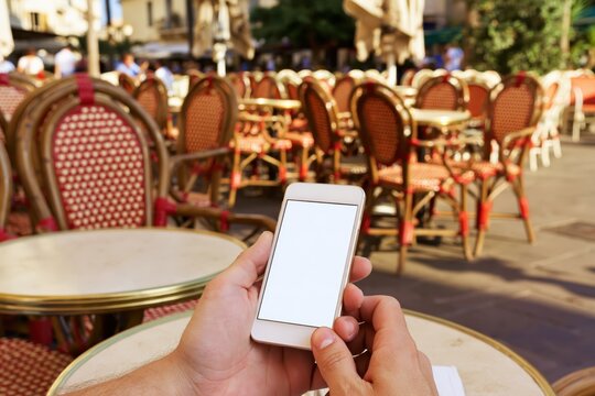 Hands holding smartphone in outdoor cafe