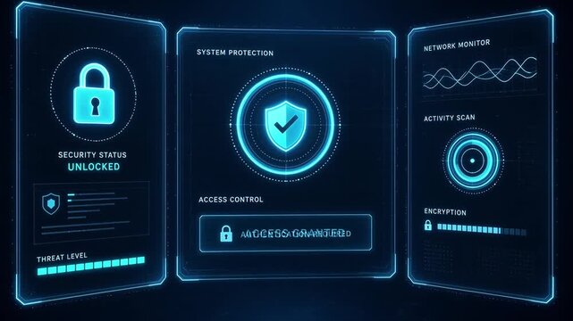 Futuristic cybersecurity dashboard interface with glowing neon digital holographic panels for data protection network monitor and system safety concept