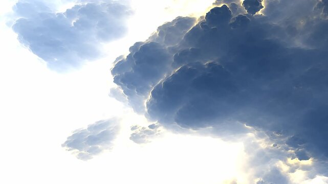 Dramatic dark blue storm clouds with bright volumetric sunlight rim lighting billow across the sky in a CGI 3D animation