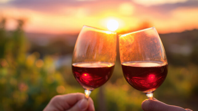 Cheers with red wine at sunset in a vineyard during the evening hours