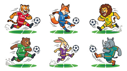 Fototapeta premium Cute cartoon animal characters playing soccer
