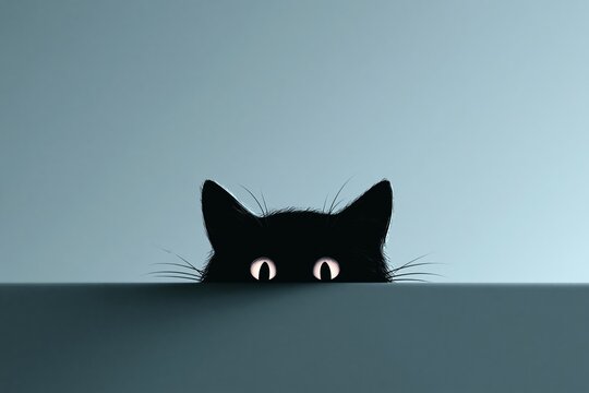 Black cat head with glowing eyes peeking over edge, concept for curiosity or mystery