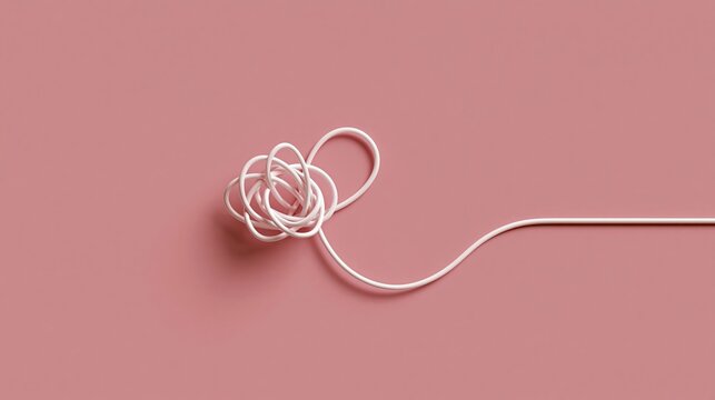 Tangled white line forming complex knot on solid pink background, visual metaphor for confusion or problem solving