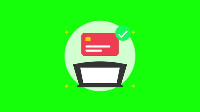 Secure online payment animation with credit card and laptop on green screen background, secure transaction