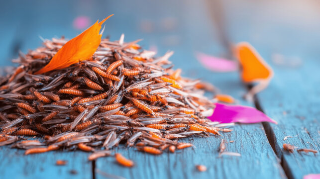 Insect pile on rustic wooden table with colorful petals at a market