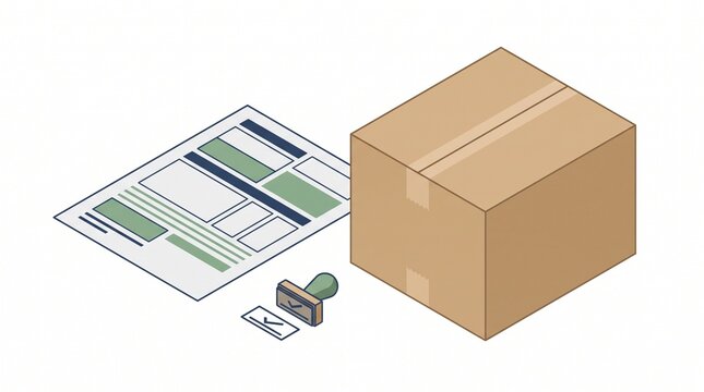 Isometric customs declaration document with cardboard box and rubber stamp on white background