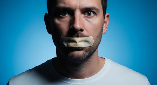 Man wearing a white t-shirt with a tape over his mouth