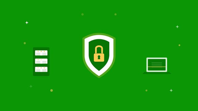 Cybersecurity network protection animation with shield and padlock connecting server and laptop on green
