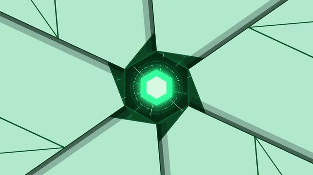 Abstract green geometric camera shutter opening with glowing hexagon hud for tech backgrounds