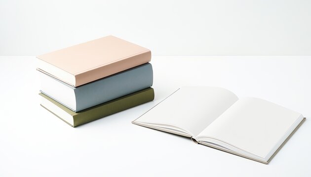 A stack of three books and an open blank book lie on a white surface.