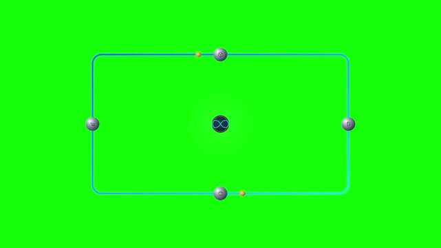 Abstract infinity symbol animation with orbiting spheres on green screen background, loop forever endless