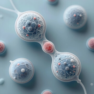 Cell division and biological reproduction, microscopic view of cellular mitosis and genetic research in medical science with abstract molecular structures
