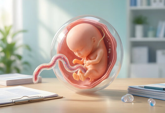 Prenatal care and fetal development, human embryo inside a glass sphere on a medical office desk with clinical documents and health records for pregnancy