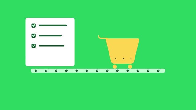 Animated shopping cart moving along a conveyor belt past a checklist on green screen background e-commerce