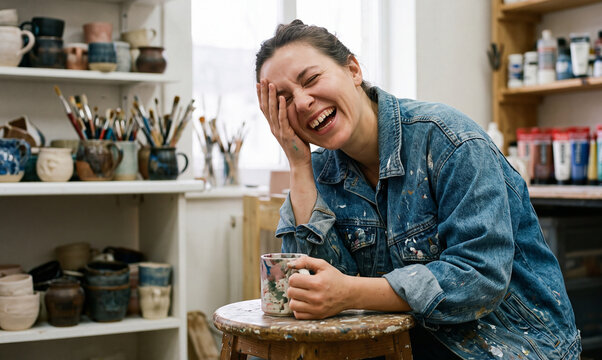 Happy Female Artist Laughing in Art Studio Holding Coffee Mug
