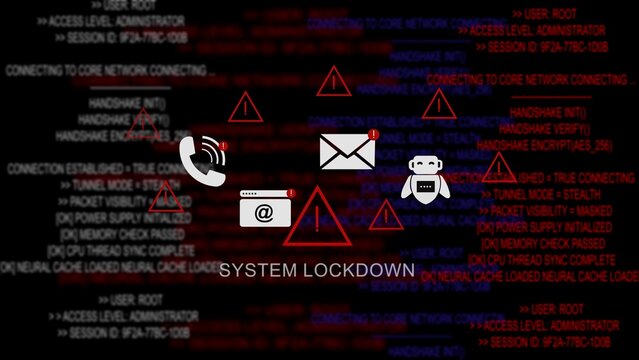 Cybersecurity system lockdown alert with red warning triangles, computer code, phone email envelope, and robot chatbot avatar floating on dark background