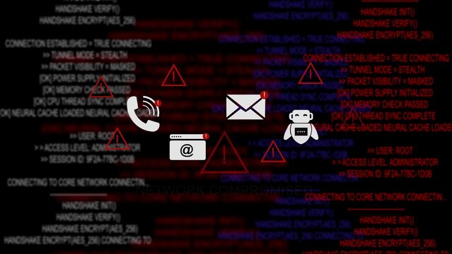 Cybersecurity threat and network system breach indicated by red error triangles, communication and red code text background, demonstrating digital vulnerabilities, hacking attempts, and information