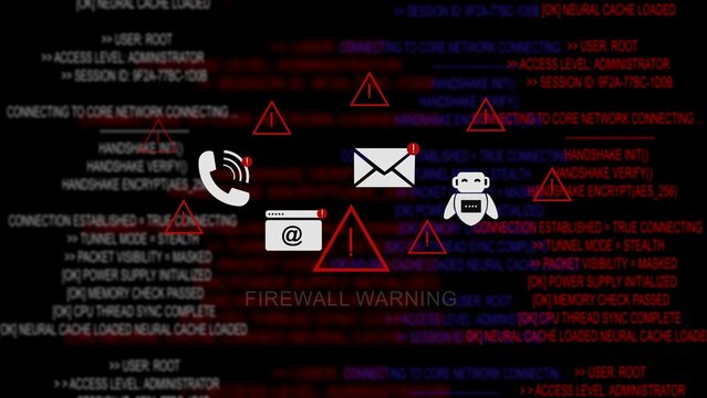 Firewall warning security alert displayed on a dark digital computer screen featuring scrolling red code lines, triangular warning symbols, and online communication indicating malicious cyber