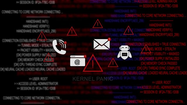 Kernel panic system failure warning displayed on a dark computer code background, with red alert, triangles and communication, representing critical operating, system crashes, severe, software bugs