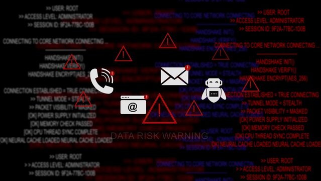 Data risk warning with red code text background, error triangles, phone, email, and robot displaying cybersecurity vulnerabilities in digital infrastructure and network system breaches