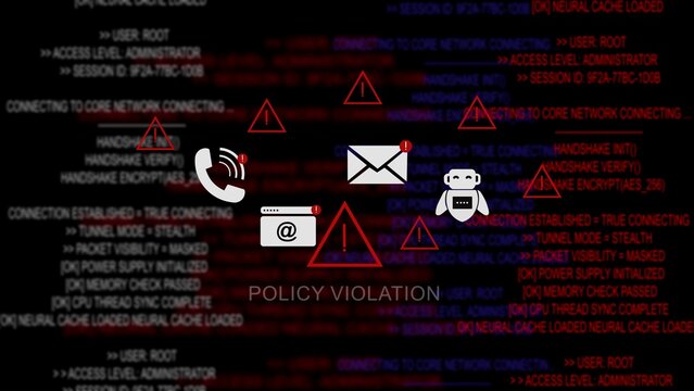 Policy violation warning displayed on red code text background, with error triangles, communication and cybersecurity, system vulnerability indicators, for network security, and digital compliance