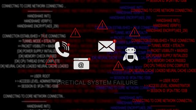 Red digital code and system failure warnings with for phone, email, browser, and robot on screen cyber security