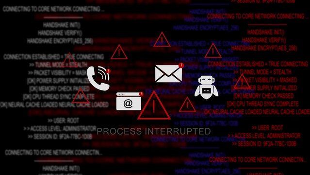 Process interrupted warning message displayed on a dark computer terminal screen with red warning triangles, communication and programming code highlighting software errors and security system