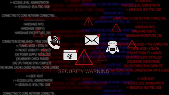 Security warning message overlay with cyber attack alert and red warning triangles on data screen