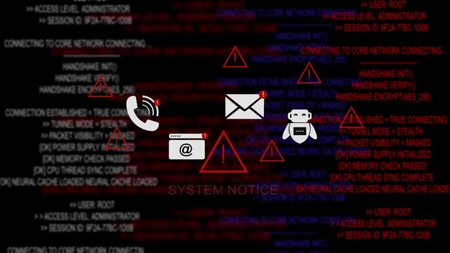 System notice displayed over red code text background, featuring cybersecurity warning, triangles and digital, communication indicating network, vulnerabilities, software errors, and information