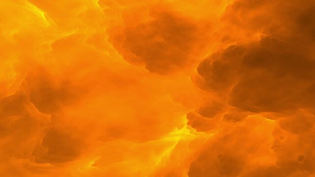 Fiery orange and golden yellow volumetric smoke clouds billow and roll across an atmospheric background in a procedural 3D animation
