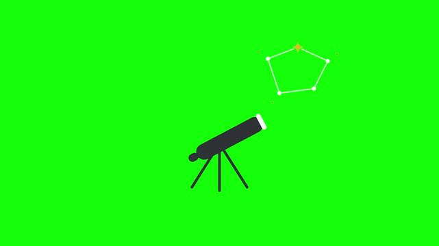 Animated telescope discovering stars and constellations on green screen background, for science projects