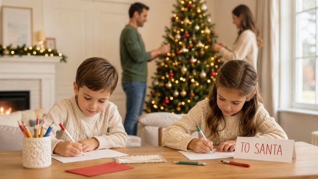 Children writing letters to Santa with parents decorating Christmas tree during festive family holiday