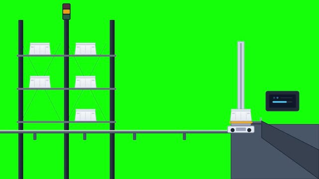 Automated warehouse conveyor system with robotic cart transporting cargo boxes on green screen logistics