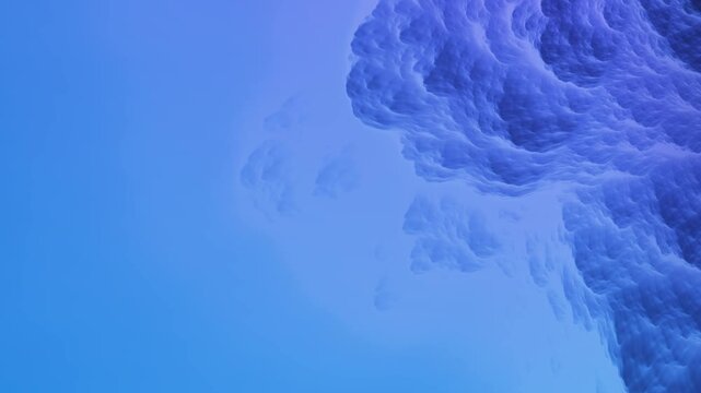 Cyan and royal blue volumetric terrain waves undulate with dense microscopic mist in an atmospheric 3D render