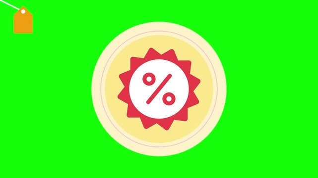 Animated discount percentage badge with price tag on green screen chroma key background, discount badge