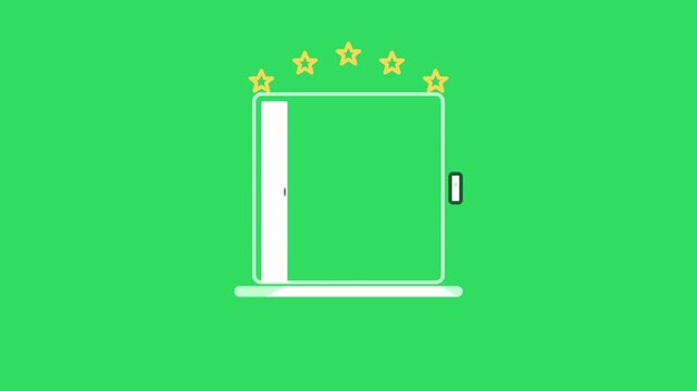 Animated laptop making online payment with credit card and five star rating animation on green screen