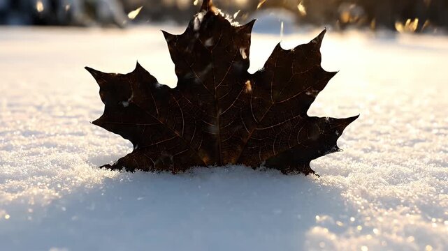 Dark Maple Leaf Resting on a Snowy Surface Beneath Soft Winter Morning Light