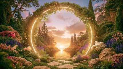 Obraz premium Magical Floral Portal Entrance to a Fantasy Garden at Sunset