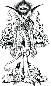 Eldritch Horned Demon with Tentacle Face, All Seeing Eye and Floating Eyes in Flames, Black and White Illustration
