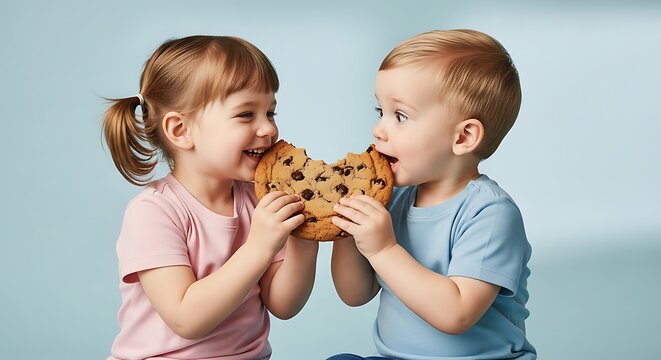 toddler siblings sharing a large cookie