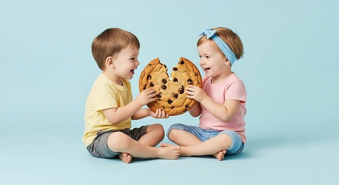 toddler siblings sharing a large cookie
