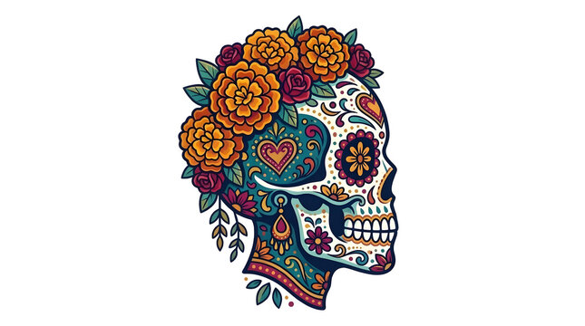 Colorful side profile Mexican sugar skull calavera with marigold flower crown vector illustration. Detailed Day of the Dead floral ornament and heart pattern design isolated on white background