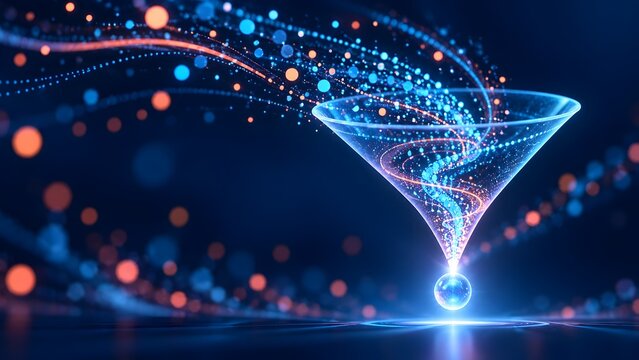 Sales conversion funnel and big data filtering concept with swirling glowing particles condensing into single digital sphere