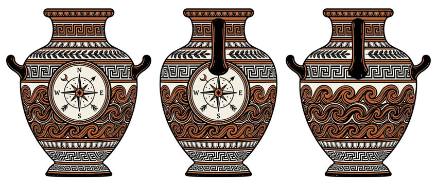 Ancient Greek amphorae with compass and wave motifs