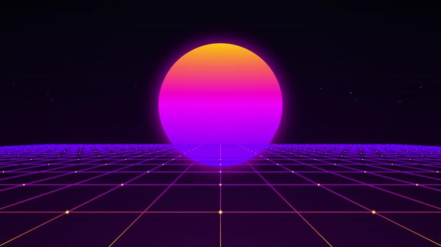 Purple Synthwave Horizon Neon Wireframe Grid Sunrise Loop