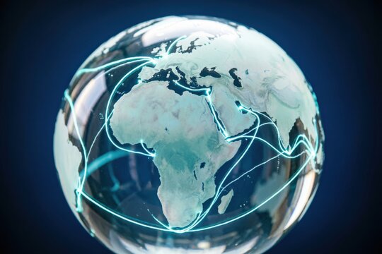 Primer plano de un globo terr&aacute;queo de cristal iluminado que gira lentamente, con arcos resplandecientes que trazan rutas mar&iacute;timas entre continentes