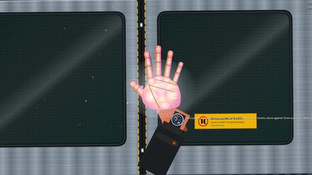 Concept animation of a commuter tragedy with a trapped hand in closing subway doors featuring technical data overlays and warning signs about transit hazards
